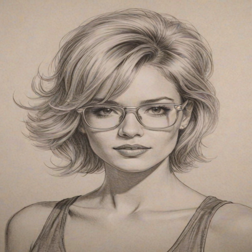 Appealing Kimberly Caldwell, pencil sketch, portrait of Ravishing woman 1979s in glasses, hair style beatnik, outline, clear lines, fine lines, 8k