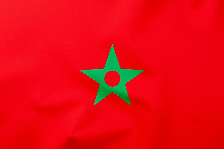create an image of the Moroccan flag with a red background and a green star in the center, shot with a Canon EOS R5 at f/8, ISO 100, in landscape orientation, using a flat lay style for clarity and detail