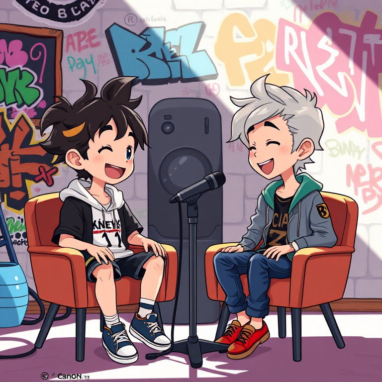 A digital illustration of two animated characters with stylish hairstyles, sitting on chairs, engaged in a lively conversation with a microphone between them, in a graffiti-adorned studio setting, with bright lighting, using a Canon EOS R5 camera, 35mm lens, f/2.8 aperture, ISO 200, natural soft light for enhanced clarity and detail.