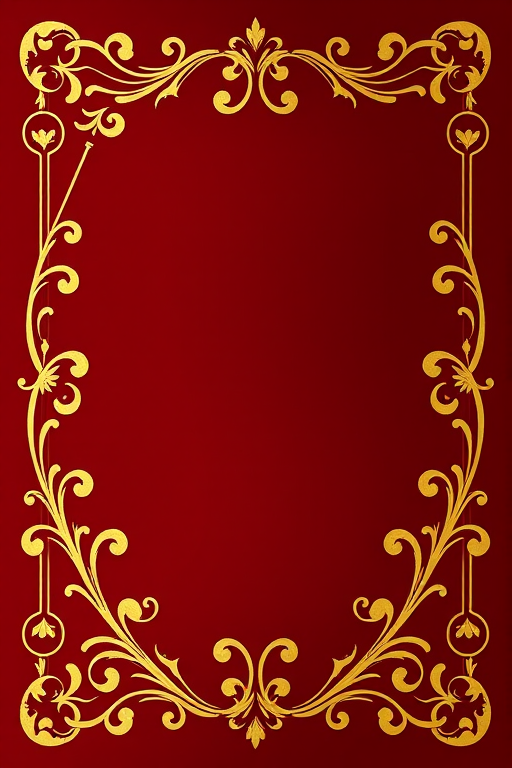 Create an elegant decorative border design with ornate golden swirls on a rich burgundy background, shot using a Canon EOS 5D Mark IV with a 50mm f/1.8 lens, aperture set to f/2.8, ISO 100, and soft diffused lighting to enhance the texture and elegance of the design.