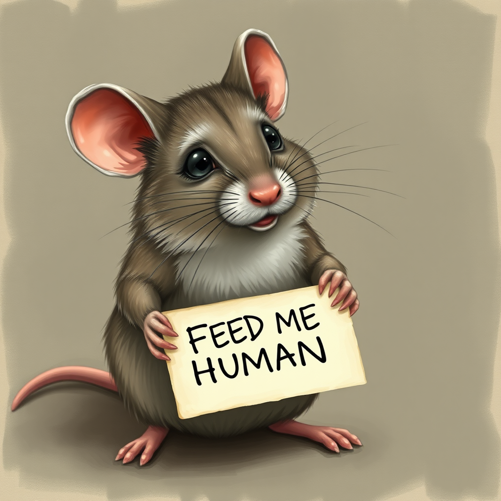 mouse holding a note which says "FEED ME HUMAN"