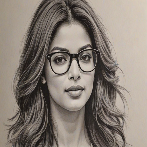 Lovely Priyanka Chopra, pencil sketch, portrait of Enchanting woman 1974s in glasses, hair style beatnik, outline, clear lines, fine lines, 8k