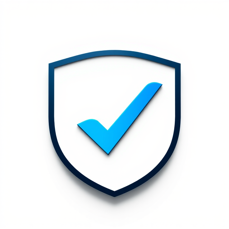 Create a high-resolution vector graphic of a shield logo with a blue checkmark inside, shot with a DSLR camera at f/8 aperture, 1/100s shutter speed, ISO 200, using a clean white background for enhanced contrast and clarity.