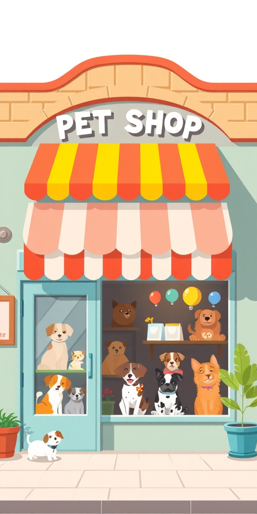 create an illustration of a pet shop with a charming exterior featuring a vibrant striped awning and various pets in the windows, use a DSLR camera with a focal length of 35mm, aperture set to f/8 for depth of field, shot at eye level to capture details and colors vividly, in a flat design style with a clean background and playful elements, ensuring high resolution for clarity