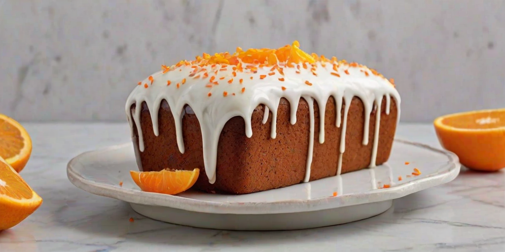 Create an image of a freshly baked loaf cake topped with a glossy white icing and sprinkled with bright orange zest. The cake should have a moist texture, with a few slices cut to reveal its fluffy interior. Include a vibrant orange slice next to the cake, with a clean, simple background that highlights the cake's colors and details.