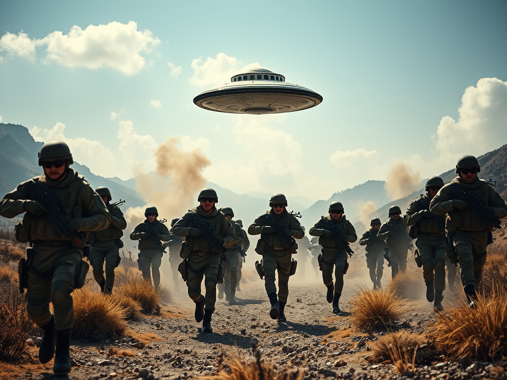 Create an image of armed soldiers running towards a UFO taking off in a mountainous landscape with smoke and explosions in the background, using a Canon EOS R5 camera with a 24mm lens, aperture set to f/8, shutter speed at 1/500s, ISO 200, in a dramatic low angle view to enhance the sense of urgency and action.