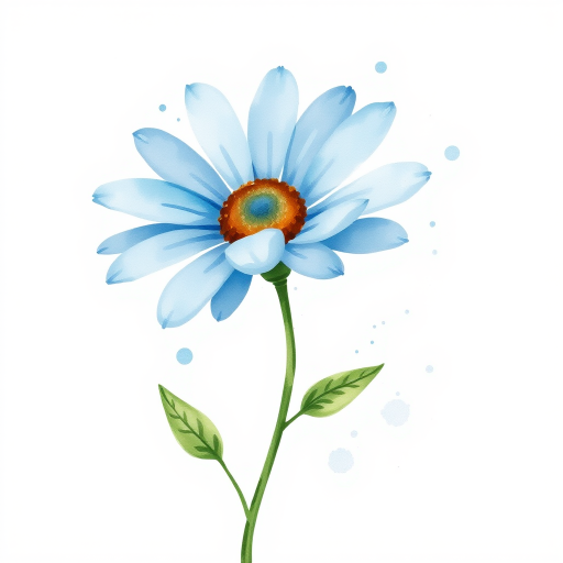 A single blue daisy flower in a loose, whimsical watercolor style. The petals are unevenly spread, with soft blue and brown tones. The stem is thin and slightly curved, with two green leaves, while watercolor splatters create an organic, artistic effect around the flower. The background is light beige with natural watercolor textures and splashes.