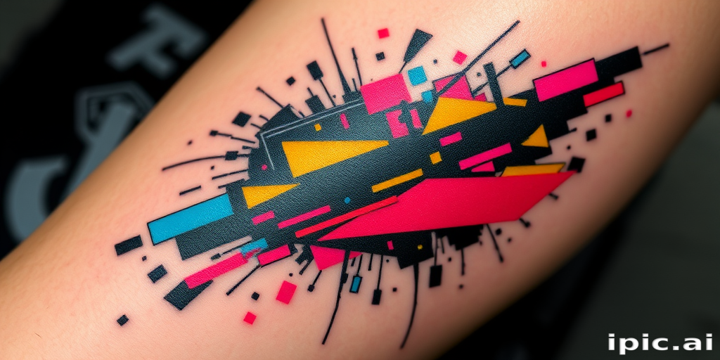 Glitch art tattoo called "Digital Disruption" combining pixelated elements with clean vector graphics and simulated screen tears, using a limited color palette of cyan, magenta, yellow, and black