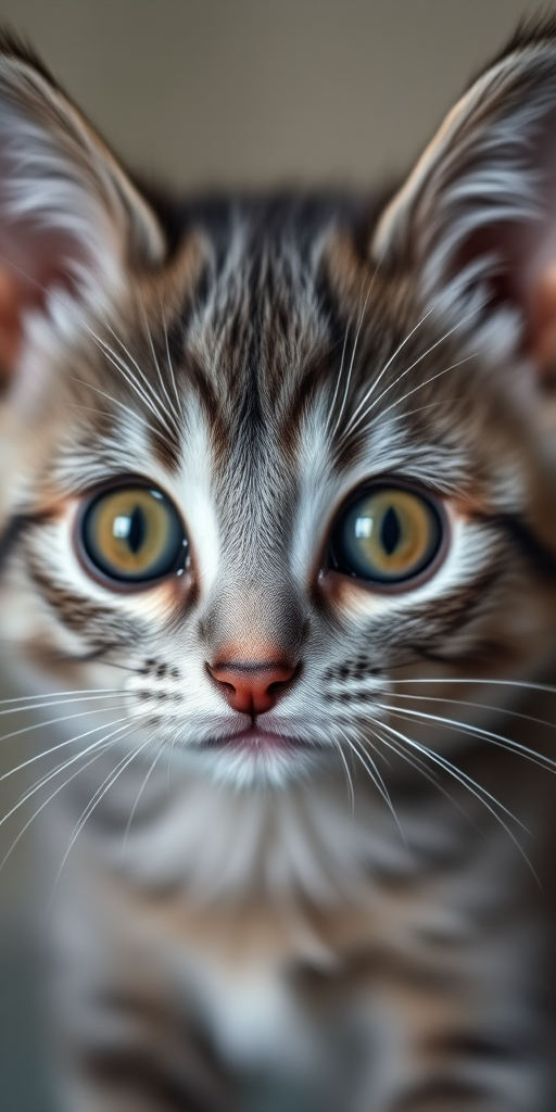 highly detailed portrait of a cute gray kitten with big eyes, soft lighting, 50mm lens, f/1.8 aperture, ISO 100, shallow depth of field, studio lighting, DSLR camera