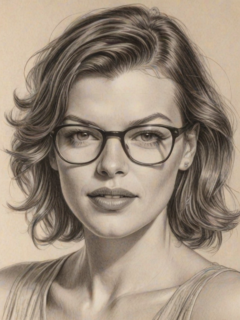 Comely Milla Jovovich, pencil sketch, portrait of Enticing woman 1938s in glasses, hair style beatnik, outline, clear lines, fine lines, 8k