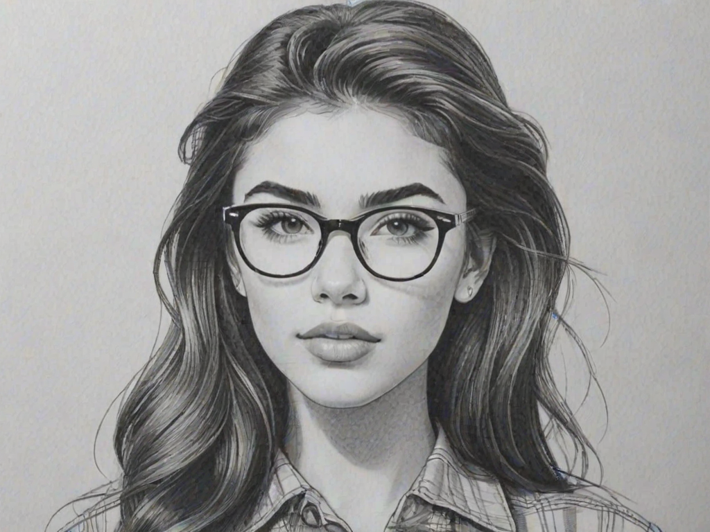 Delightful Madison Beer, pencil sketch, portrait of Magnificent woman 1955s in glasses, hair style beatnik, outline, clear lines, fine lines, 8k