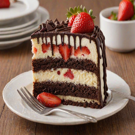 Generate an image of a slice of layered cake featuring distinct sections of chocolate, strawberry, and vanilla flavors. The cake should be presented on a white plate with fresh strawberries and chocolate chips scattered around. Include a fork next to the plate for a complete dessert setting.