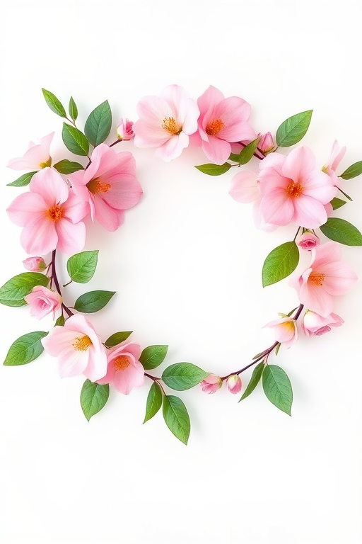 Create a floral wreath illustration featuring pink flowers and green leaves on a white background, captured with a 50mm lens at f/2.8, ISO 100, shot in natural light, using a DSLR camera with a soft focus style to enhance image quality.