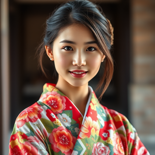 Create a highly detailed portrait of a young woman in a colorful kimono with intricate floral patterns, use a shallow depth of field to blur the background, set the aperture to f/1.8, shutter speed at 1/125s, ISO 100, using a 50mm lens on a full-frame DSLR, captured in soft natural light to highlight her features and the texture of the fabric.