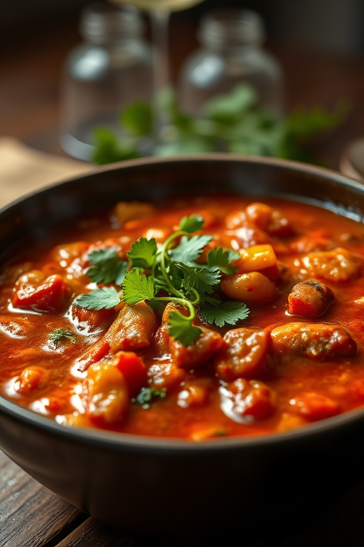 Close-up of a steaming bowl of chili garnished with fresh herbs, soft natural light highlighting the rich colors of the ingredients on a rustic wooden table.