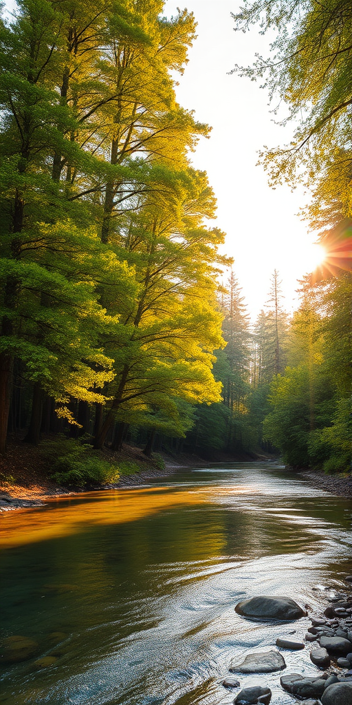 Create an image of a serene, sunlit forest scene with a clear, gently flowing river. Tall trees with lush green foliage line both sides of the river, their leaves bathed in the warm golden light of the setting or rising sun. The sunlight filters through the trees, casting soft, dappled light on the river, which flows over smooth rocks and pebbles, creating a peaceful, natural atmosphere. The sky is bright with a few scattered clouds, and the overall mood is tranquil, evoking a deep sense of connection with nature. The image captures the beauty of a calm, pristine forest landscape at either dawn or dusk.