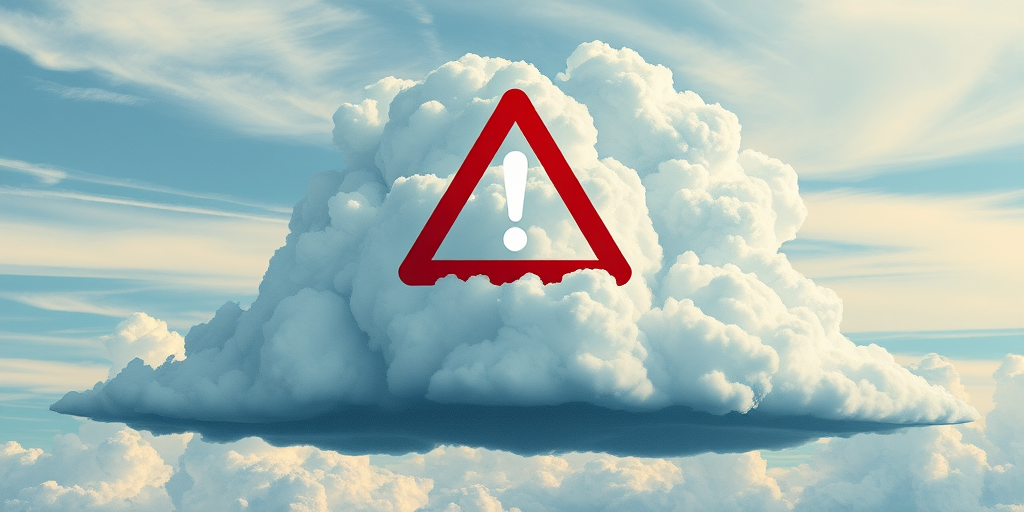 Create a detailed illustration of a large cloud formation with a red warning triangle featuring an exclamation mark, using a DSLR camera with a 50mm lens, f/2.8 aperture, ISO 100, and a wide-angle view for clarity and depth.
