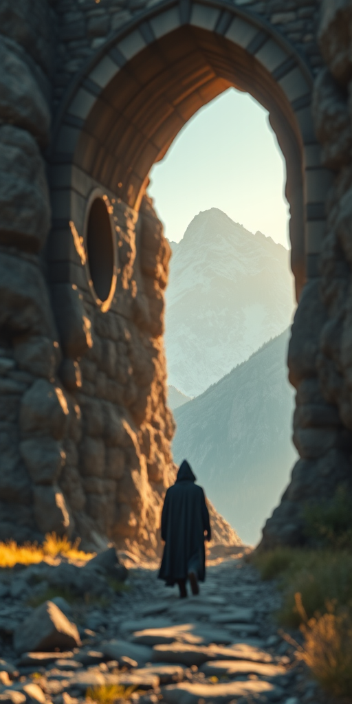 fantasy landscape with a dramatic stone archway and mountains in the background, a lone figure in a hooded cloak standing on a rocky path, capturing golden hour lighting, depth of field for focus on the foreground with a Canon EOS R5, 24mm lens, f/2.8, ISO 200, shot at 1/60 sec, high dynamic range for enhanced colors and contrast