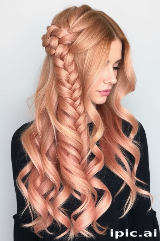 Romantic rose gold waves styled in the "Blush Cascade" half-up fishtail braid, long flowing layers with soft pink undertones, face-framing pieces gently curled, subtle copper highlights adding warmth, dreamy ethereal appearance