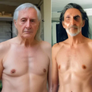shirtless old man