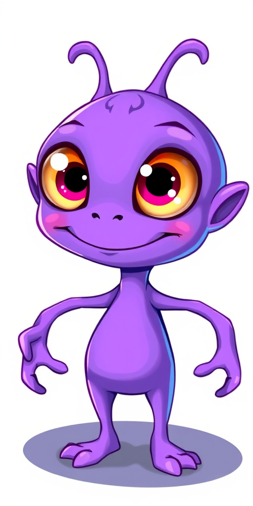Create an illustration of a purple alien character with large eyes, a quirky smile, and cartoonish limbs, in a bright and colorful style with a white background, using a digital drawing tablet with a resolution of 300 DPI, focused on vibrant colors and clean outlines, captured at a high-angle view with soft lighting.