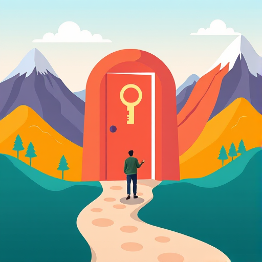 Create an illustration of a person walking towards an open door with a large key symbol, surrounded by stylized mountains and a winding path, with a vibrant color palette, using a Canon EOS R5 camera, aperture f/8, 50mm lens, in natural light and a soft focus style.