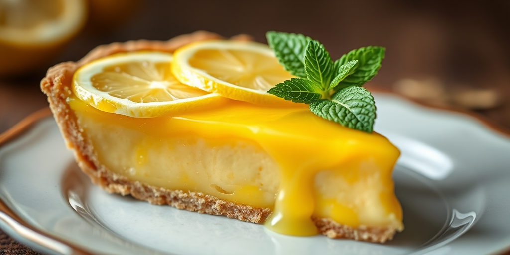 A slice of lemon pie with slices of lemon and a sprig of mint on top, rich golden filling oozing slightly, captured in high-resolution with a Canon EOS R5, 50mm lens, f/2.8 aperture, soft natural lighting, and a shallow depth of field for a creamy texture effect.