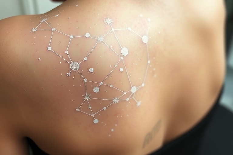 Ethereal white ink tattoo called "Celestial Whispers" showcasing a delicate constellation map of stars and planets connected by gossamer-thin lines barely visible against the skin creating a subtle shimmer effect that becomes more prominent in certain lighting conditions incorporating microscopic details of cosmic phenomena such as nebulae and galaxies rendered in varying opacities of white ink to create depth and dimension