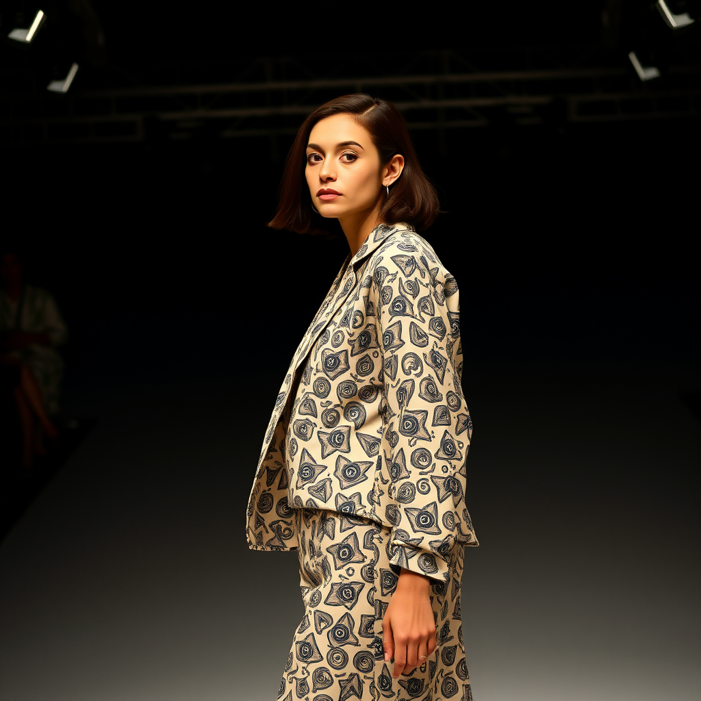 Capture the model from a high angle, emphasizing the outfit’s pattern and silhouette. Use a 35mm prime lens to maintain sharpness and minimize distortion