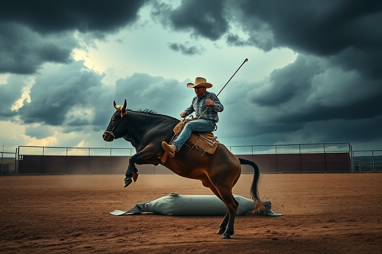 A cowboy riding a bucking bull in a dusty arena under dramatic stormy skies, captured with a Canon EOS R5, 50mm lens, f/1.8, ISO 100, shutter speed 1/500s, in high dynamic range style for enhanced detail and depth.