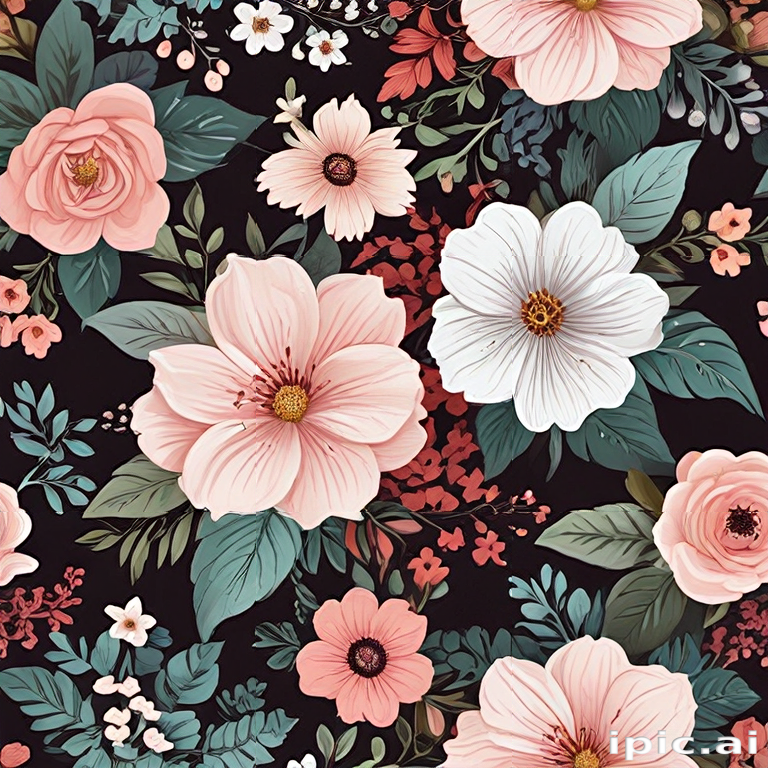 Vibrant Floral Pattern Featuring Various Colorful Blooms on Dark Background