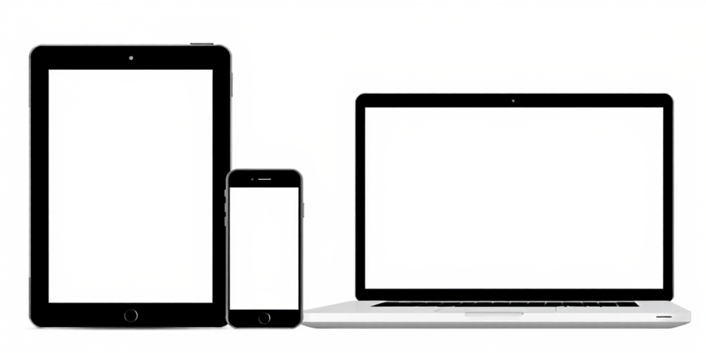 design a minimalist illustration of three electronic devices including a smartphone, tablet, and laptop, all with blank screens on a white background