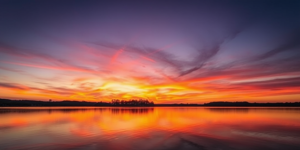 photograph of a serene sunset over a lake with vibrant orange and purple hues in the sky, reflective water with silhouettes of trees on the horizon, taken with a DSLR camera, 50mm lens, f/2.8 aperture, ISO 100, 1/200 sec shutter speed, landscape orientation, soft focus effect to enhance tranquility
