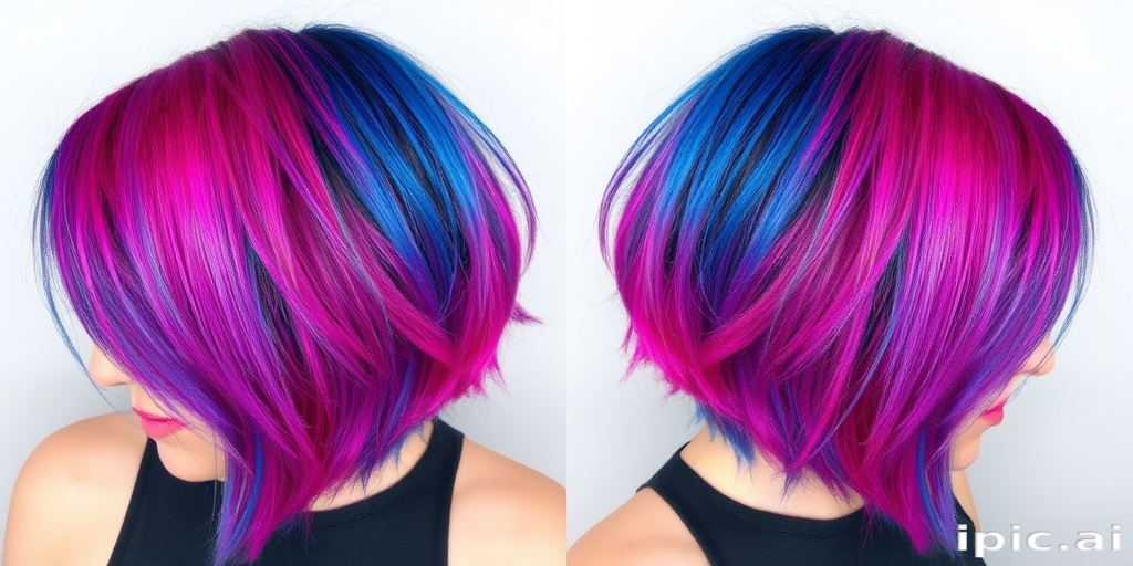 Eccentric hair style presenting a multi-colored split dye with half vibrant magenta and half electric blue on a medium-length shag cut