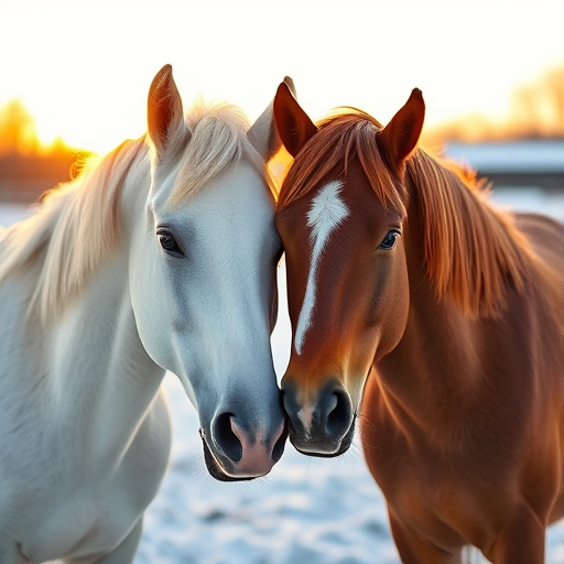 Create an image of two horses (one white and one chestnut) nuzzling in a snowy farm setting during golden hour with a DSLR camera, 50mm lens, aperture f/1.8, ISO 200, shutter speed 1/500s, shallow depth of field to enhance image quality, focusing on the horses' details.