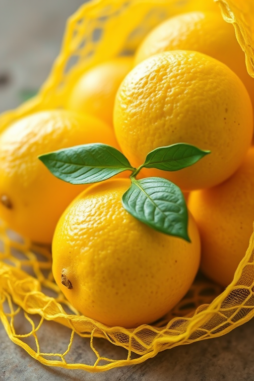 macro shot of fresh lemons in yellow netting on a textured surface, f/2.8, ISO 100, 1/200s, natural light, DSLR camera