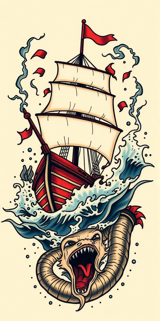 Traditional American tattoo named "Old Salt's Tale" depicting a bold ship battling stormy seas with a menacing sea serpent, using thick lines and limited color palette
