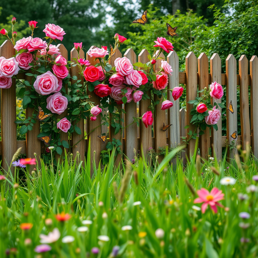 A vibrant garden scene featuring a wooden fence adorned with blooming roses in shades of pink and red, butterflies fluttering around, with a foreground of lush green grass and wildflowers, captured with a DSLR camera, 50mm lens, f/2.8 aperture, ISO 100, and soft natural lighting.