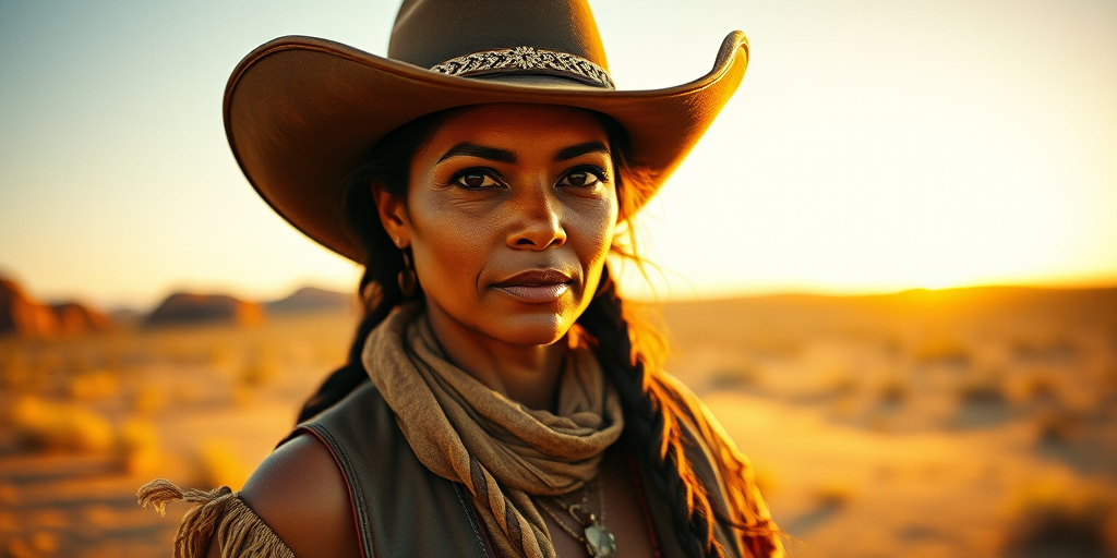 Dramatic photo of a beautiful Aboriginal Australian woman, classic cowboy attire, confident and free spirit expression, half-length portrait, centered, golden hour desert landscape, warm, diffused light, low angle, medium format film camera, in style of Annie Leibovitz.