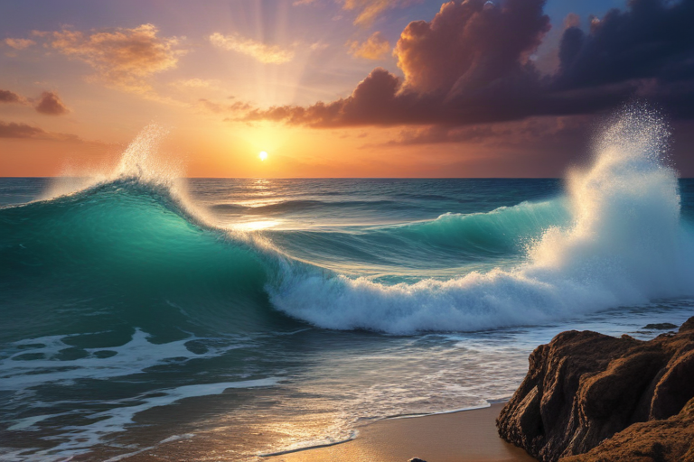 Majestic Sunset Over Ocean Waves Crashing on Serene Sandy Beach