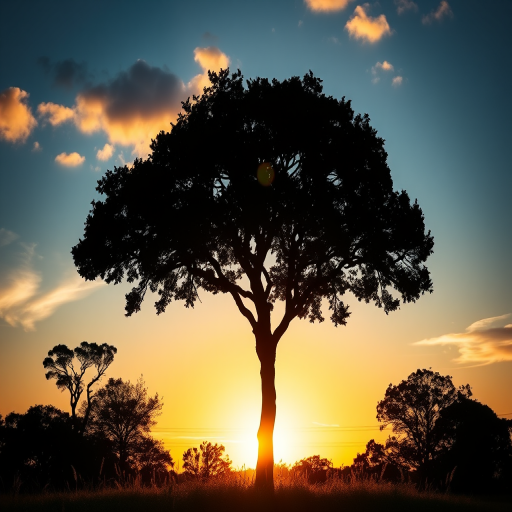 Generate a high-resolution image of a stylized tree silhouette at sunset with the camera settings set to f/4, ISO 100, shutter speed 1/250 sec, using a wide-angle lens, shot from a low angle to emphasize the height of the tree, with a DSLR camera type for enhanced clarity and detail.