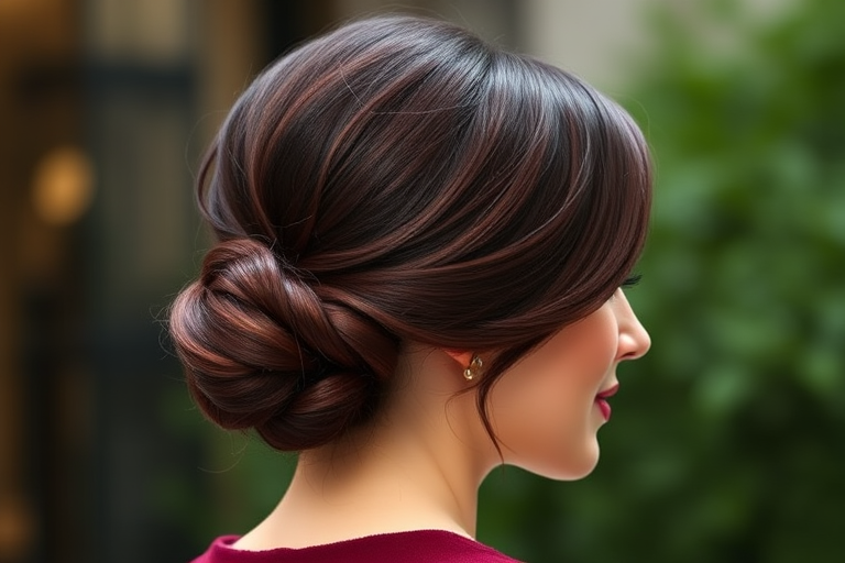 Sophisticated socialite flaunting a sleek, low bun with a deep side part and face-framing pieces, colored in a rich burgundy hue