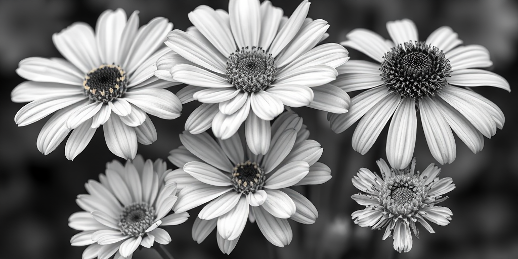 Create a high-resolution line art image featuring six varieties of flowers in a grid layout, captured with a DSLR camera at f/8 aperture, 1/125s shutter speed, ISO 100, with a macro lens to emphasize details and ensure sharpness throughout the composition.