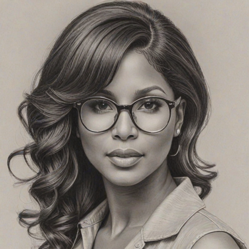 Stunning Toni Braxton, pencil sketch, portrait of Captivating woman 1957s in glasses, hair style beatnik, outline, clear lines, fine lines, 8k