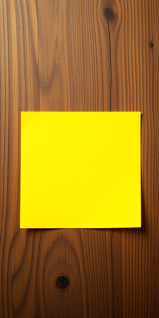 Create a bright yellow sticky note on a wooden surface, shot with a DSLR camera, 50mm lens, f/2.8 aperture, ISO 100, natural lighting, shallow depth of field, top-down view.