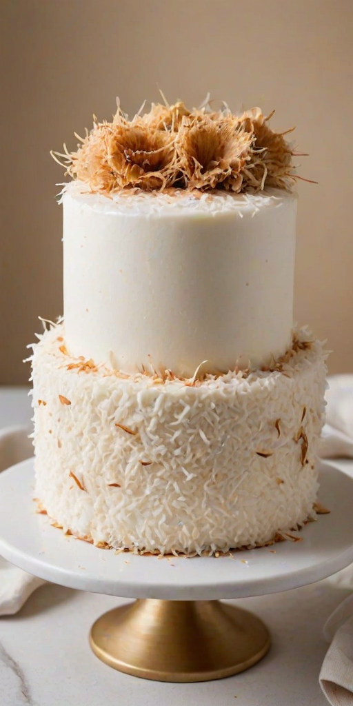 Create an image of a tall, round cake with a textured exterior made of toasted coconut flakes. The cake is frosted with smooth white icing on top and has a clean, elegant presentation on a simple white cake stand. The background is neutral and minimalistic to highlight the cake.