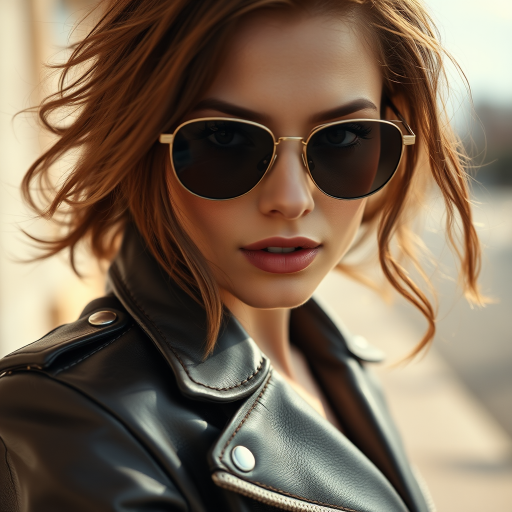 Outdoor shot, stunning female model, vintage leather jacket, sunglasses, cinematic effect, Position the camera at the model’s eye level using a 35mm f/1.4 lens
