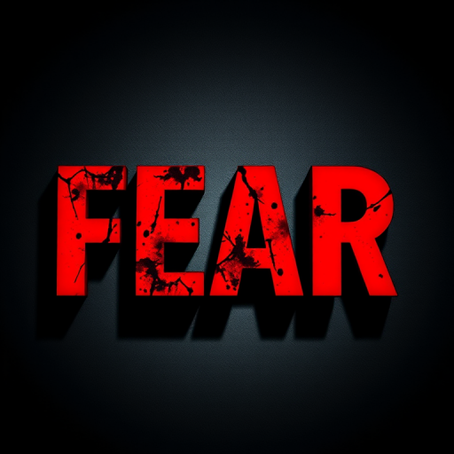 Create a high-resolution image featuring the word "FEAR" in bold, striking typography against a contrasting background, captured with a Canon EOS R5 at f/2.8, ISO 100, 1/60 sec, using a shallow depth of field for emphasis, in portrait orientation.
