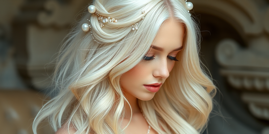Ethereal goddess with waist-length platinum blonde hair styled in ethereal loose waves, adorned with delicate pearl and crystal hair accessories