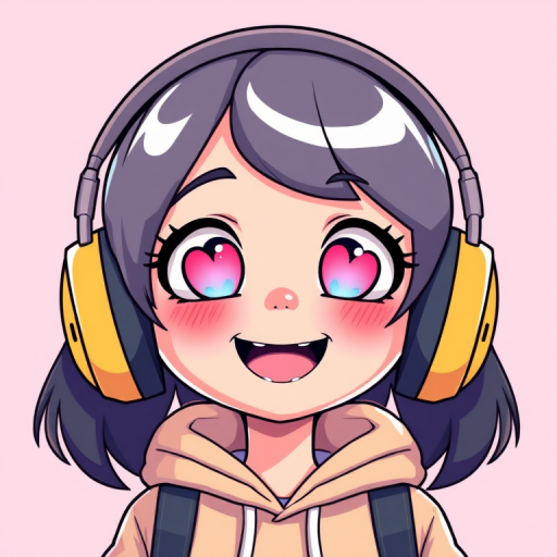 Create a vibrant cartoon-style illustration of a cheerful character with heart-shaped eyes, wearing headphones and a hoodie, set against a soft pastel background, captured with a 50mm lens at f/2.8 aperture, with bright lighting and vivid colors to enhance its whimsical quality.